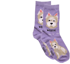 Purple Foozys canine socks featuring Westie dog design and soft comfortable fabric