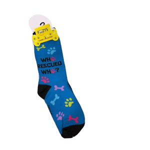 Blue Foozys canine socks with paw prints and bones pattern and Who Rescued Who text