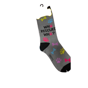 Gray Foozys canine socks with colorful paw prints and bones design featuring rescue-themed text