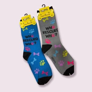 Foozys canine socks in blue and gray with paw prints and bones featuring Who Rescued Who design