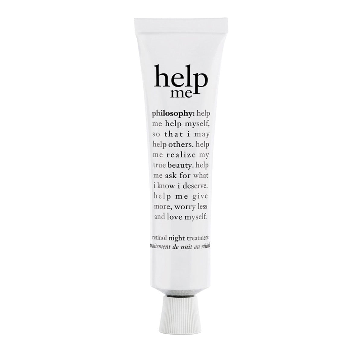 Philosophy help me retinol night cream tube with motivational text on white background