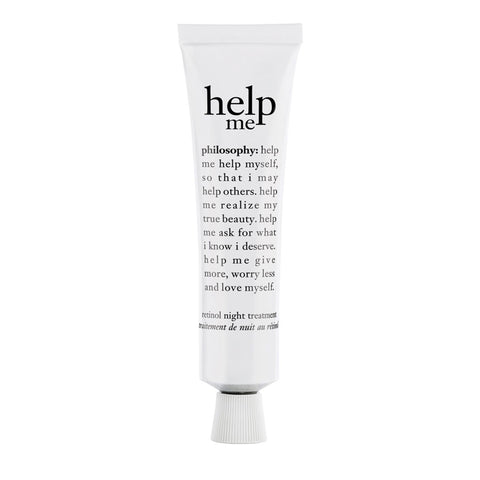 Philosophy help me retinol night cream tube with motivational text on white background