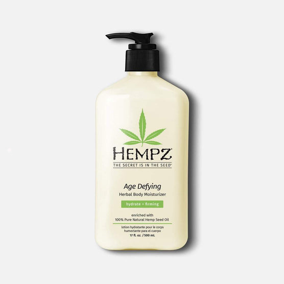 Hempz body moisturizer in a pump bottle, designed for hydration and firming skin with herbal ingredients