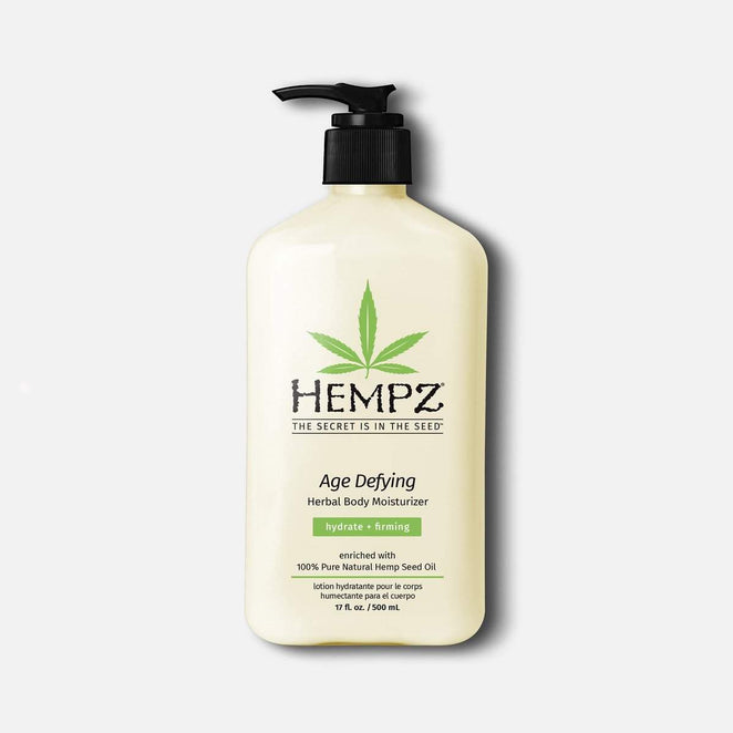 Hempz body moisturizer in a pump bottle, designed for hydration and firming skin with herbal ingredients