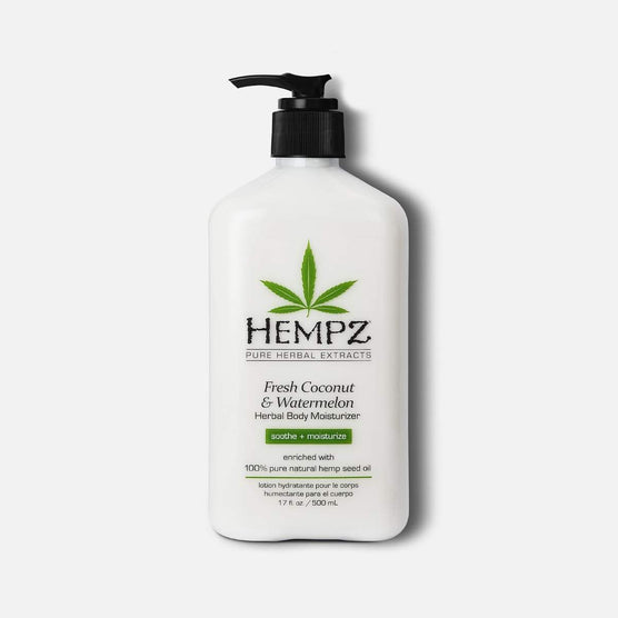 Hempz body moisturizer with fresh coconut and watermelon scent in a pump bottle for hydration