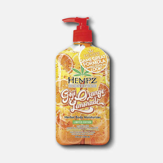 Hempz body moisturizer in Goji Orange Lemonade scent with a pump bottle for hydration and a limited edition design