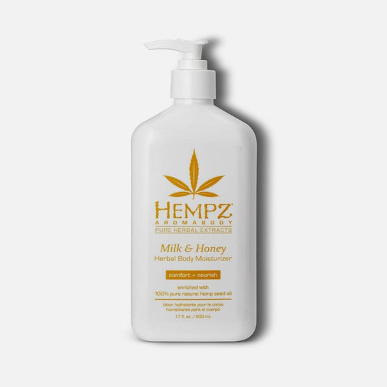 Hempz body moisturizer in Milk and Honey scent, 17.7 fl oz size with pump for easy application