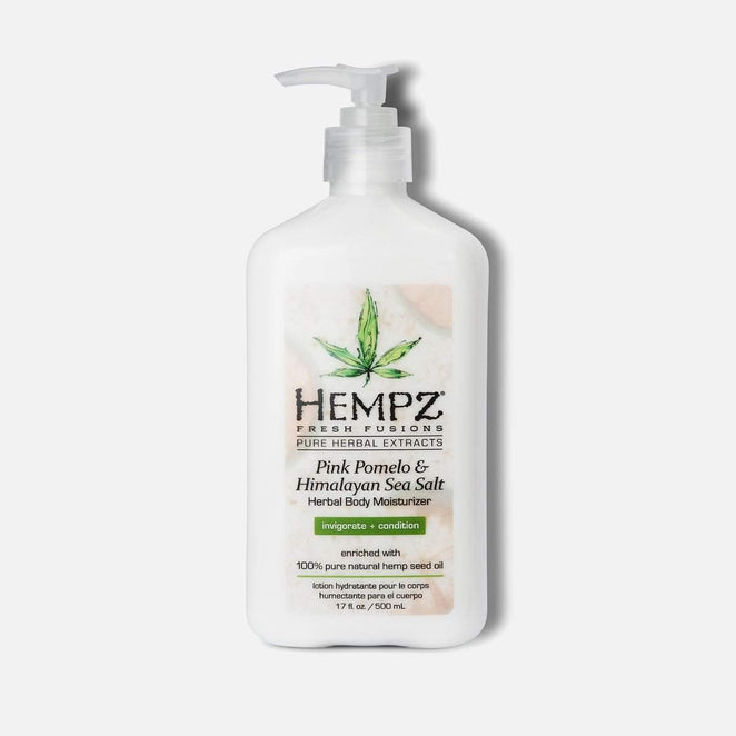 Hempz body moisturizer in a 17.6 oz bottle with Pink Pomelo and Himalayan Sea Salt for hydration