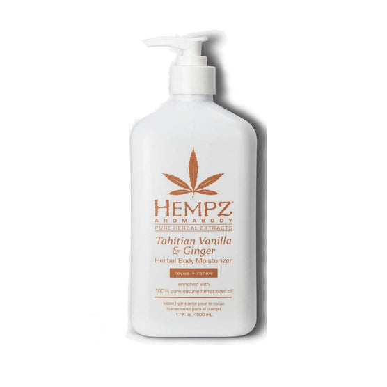 Hempz body moisturizer in Tahitian Vanilla and Ginger scent, 17.2 oz pump bottle for hydration and rejuvenation