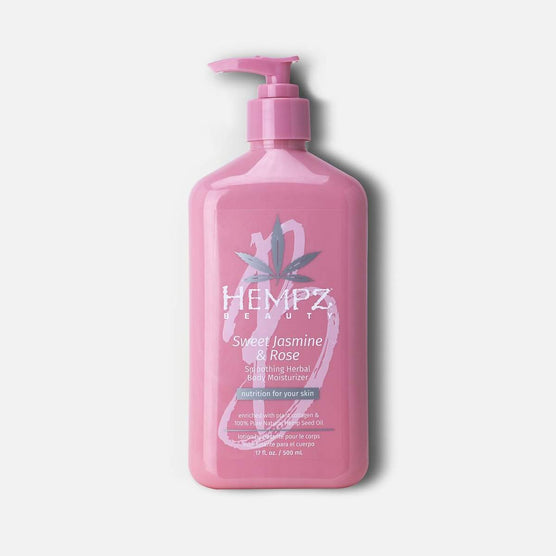 Hempz body moisturizer in pink bottle with pump for nourishing skin with jasmine and rose scent