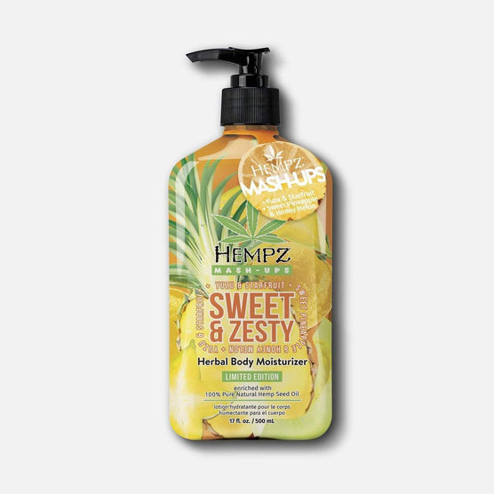 Hempz body moisturizer in Sweet and Zesty scent, featuring a pump bottle with vibrant tropical design