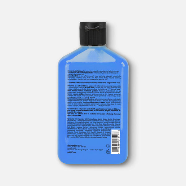 Hempz conditioner for damaged hair in a blue bottle with a black cap and detailed ingredient list
