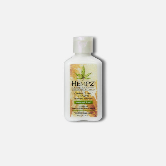 Hempz travel size moisturizer infused with calming crystal and quartz for soft, hydrated skin