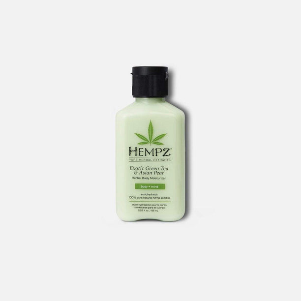 Hempz travel size moisturizer with exotic green tea and pear fragrance in a small 2.25 oz bottle