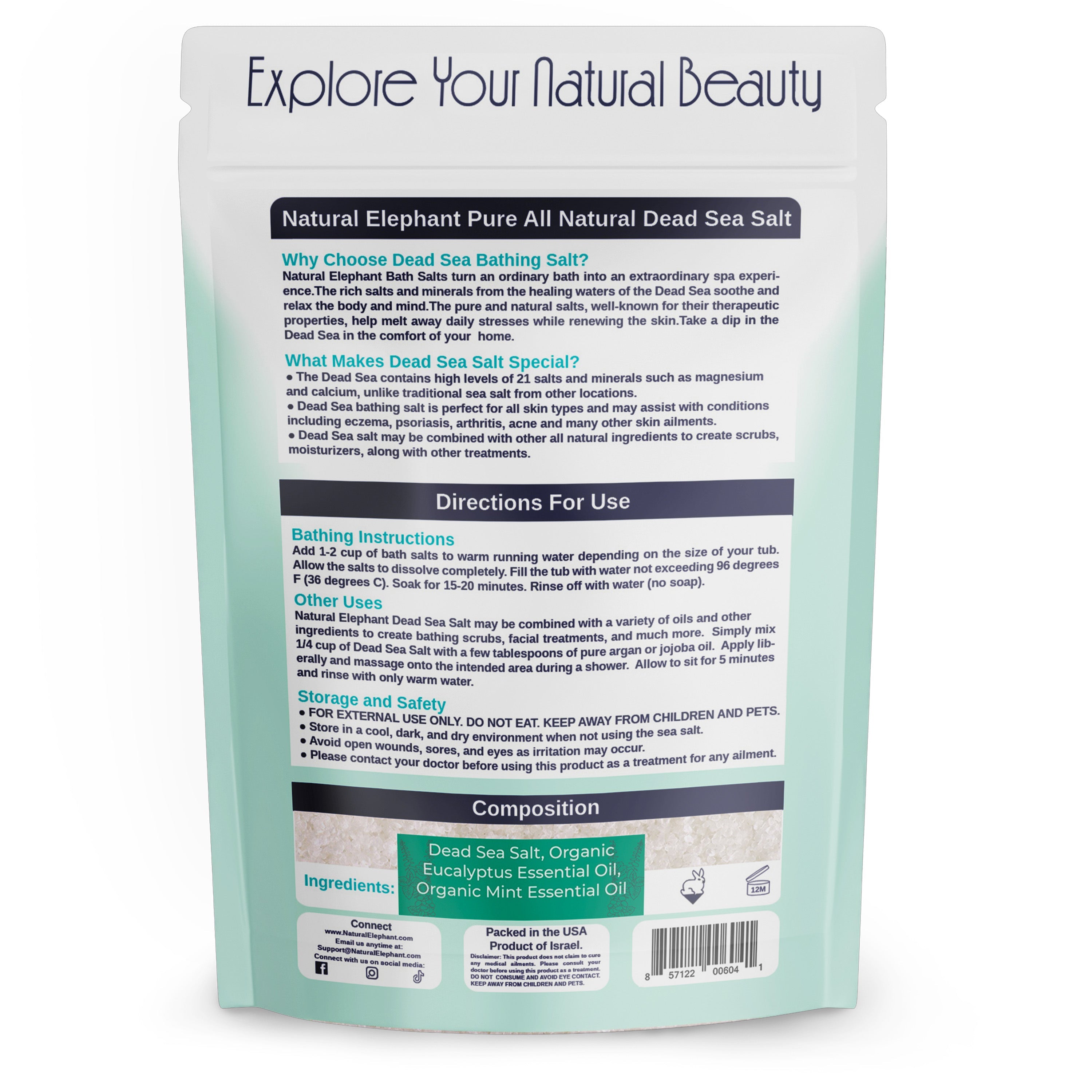 Eucalyptus Mint Dead Sea Salt in resealable packaging for natural beauty and skincare benefits