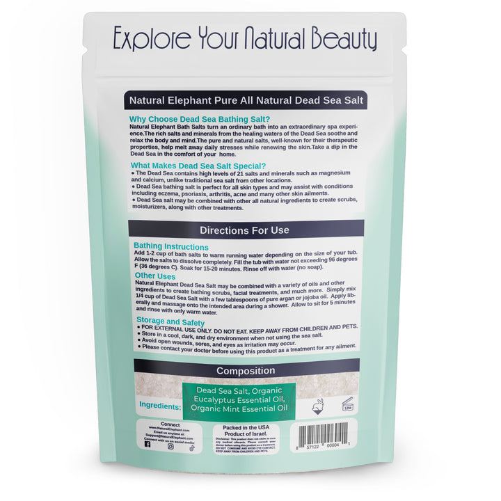 Eucalyptus Mint Dead Sea Salt in resealable packaging for natural beauty and skincare benefits