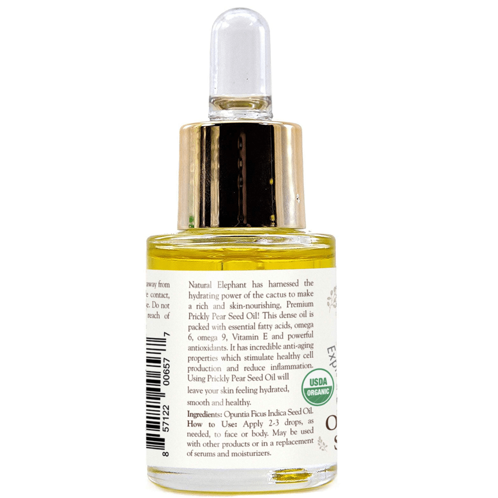 Natural Elephant organic prickly pear seed oil in a glass dropper bottle for skin hydration