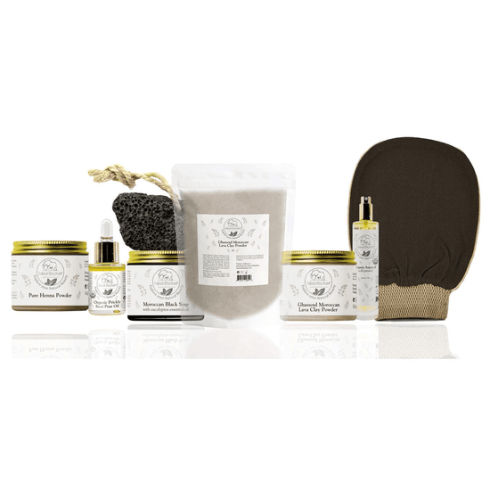 Natural Elephant premium Hammam bath glove with accompanying spa products for a rejuvenating bath experience