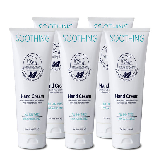 Natural Elephant Dead Sea Hand Cream in six tubes featuring natural soothing hand cream for all skin types