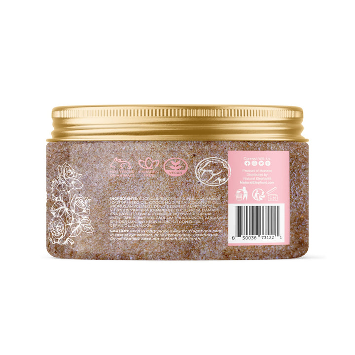 Natural Elephant natural sugar scrub for smooth skin in decorative jar with golden lid