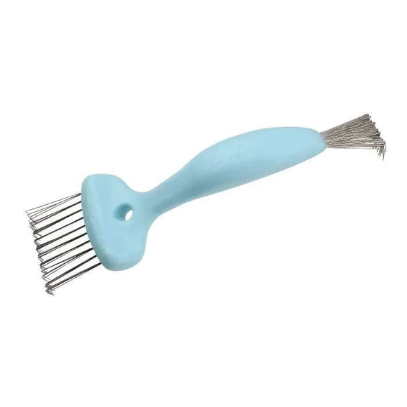 Olivia Garden brush cleaner with blue ergonomic handle and metal bristles for easy cleaning