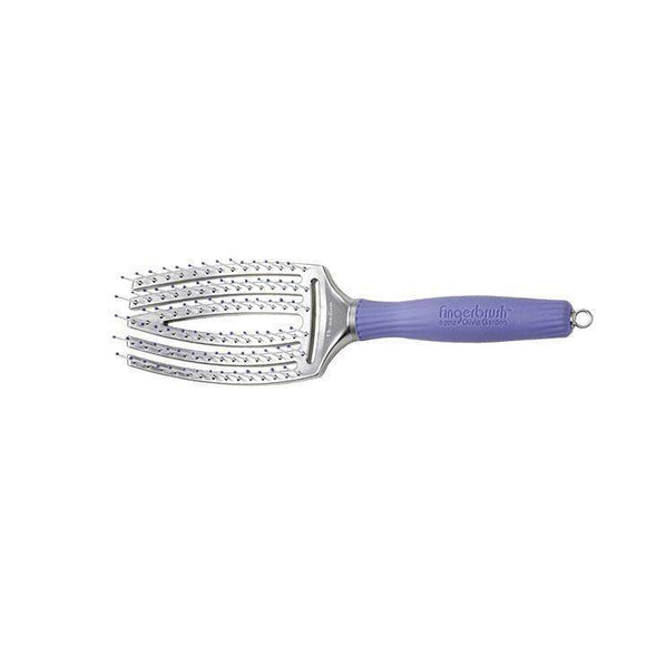 Olivia Garden Fingerbrush with purple ergonomic handle and flexible vented paddle for gentle detangling