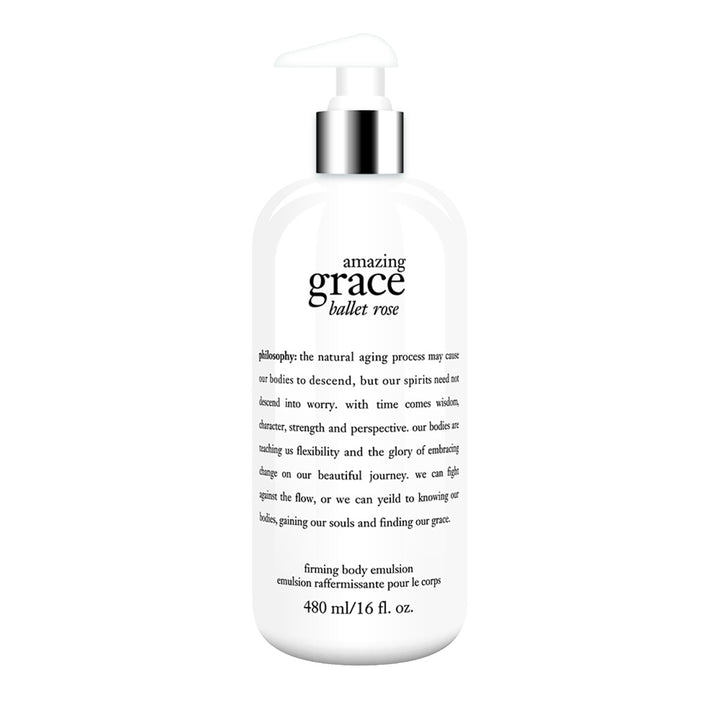 Philosophy Amazing Grace Ballet Rose body lotion firming body emulsion in a white pump bottle 480 ml