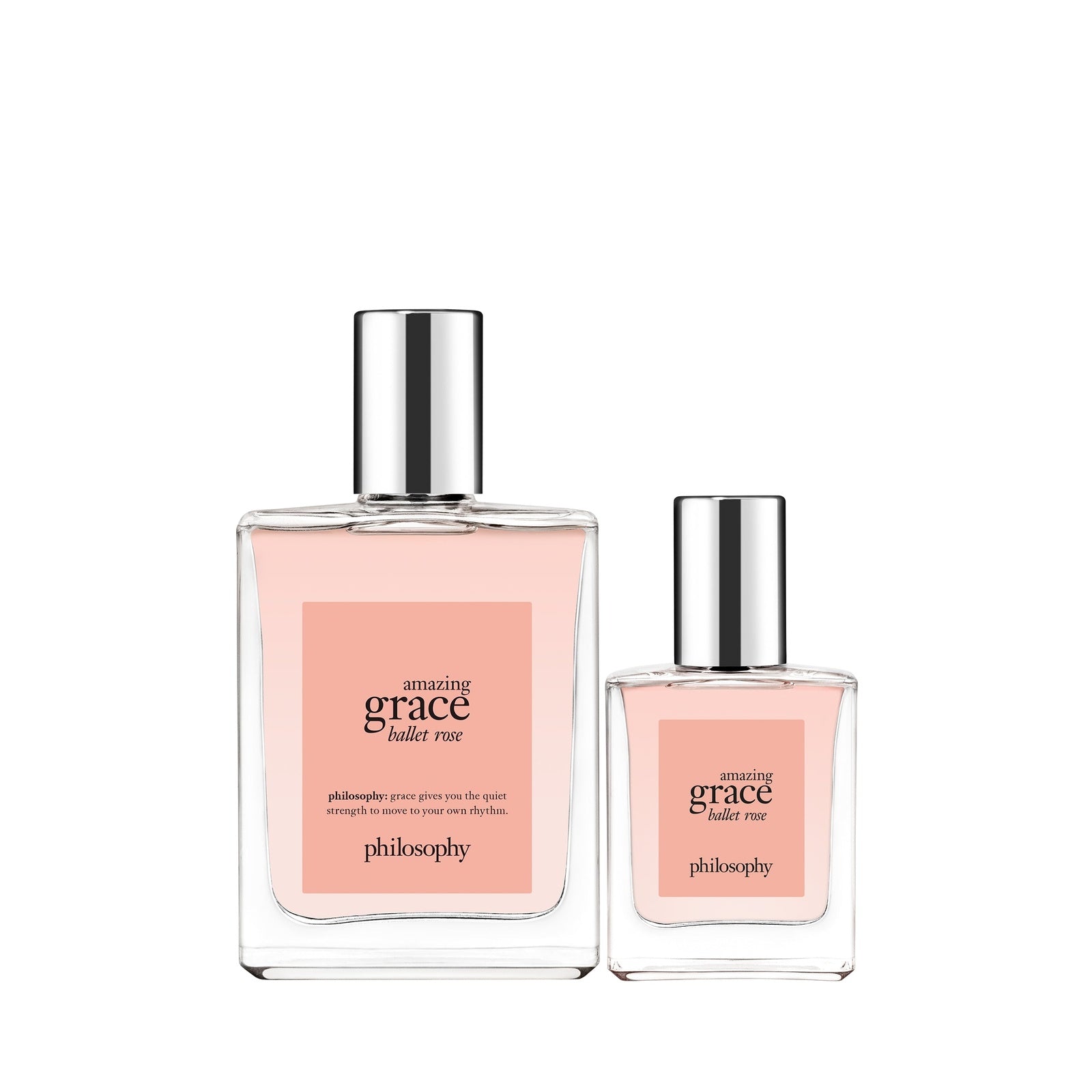 Philosophy Amazing Grace Ballet Rose set with two clear glass fragrance bottles and silver caps