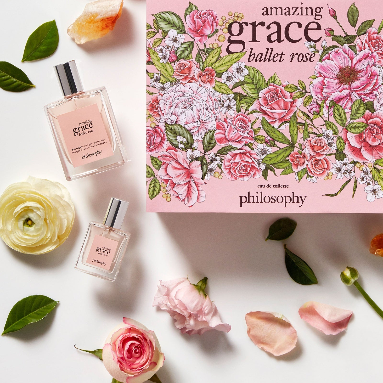 Philosophy Amazing Grace Ballet Rose set with two perfume bottles and floral decorative box