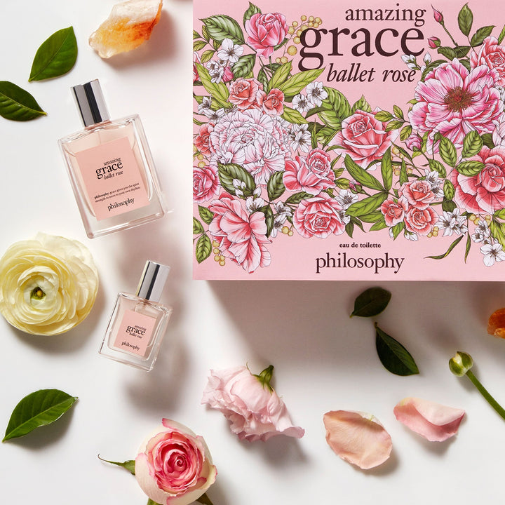 Philosophy Amazing Grace Ballet Rose set with two perfume bottles and floral decorative box