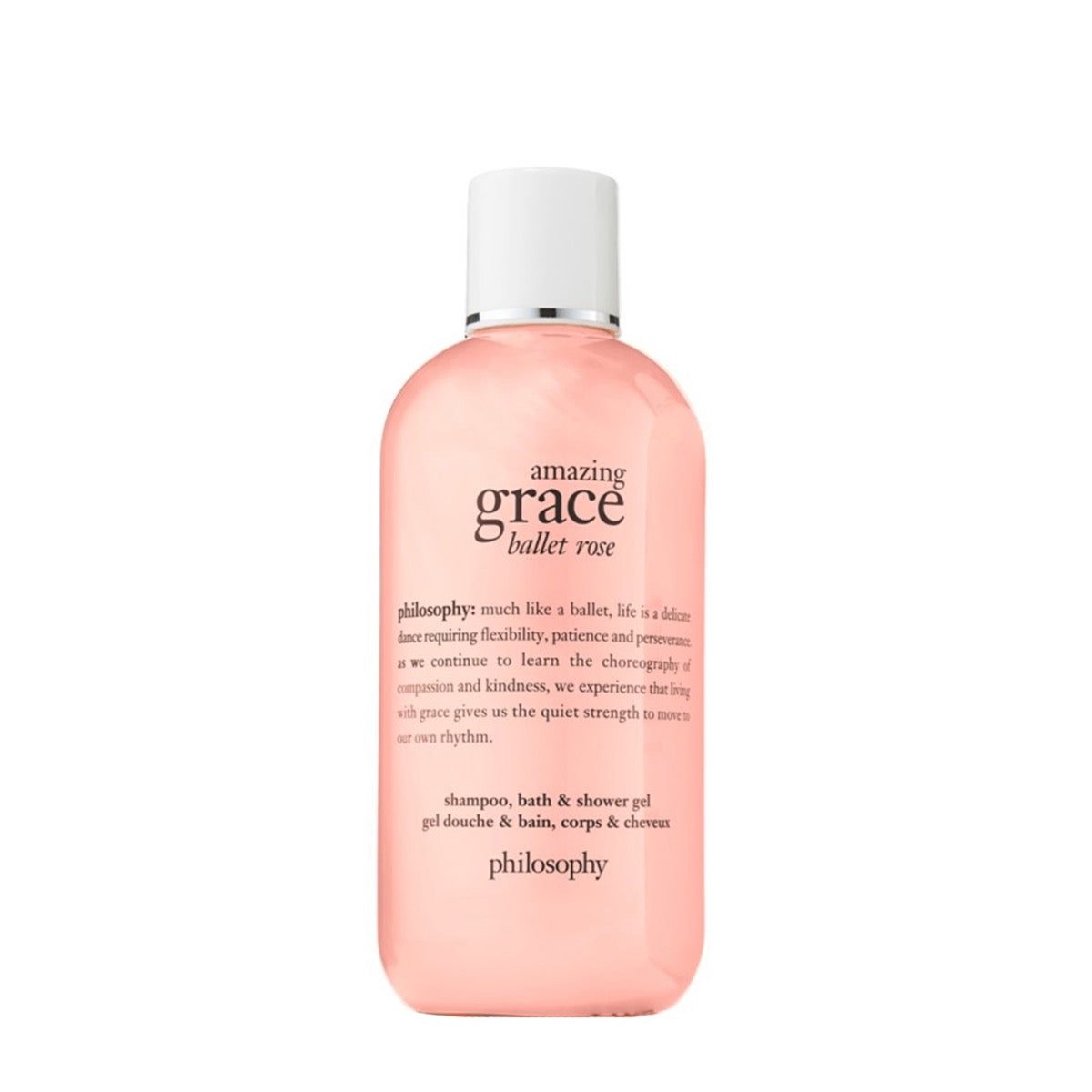 Philosophy Amazing Grace Ballet Rose shower gel bottle with pink translucent liquid and white cap