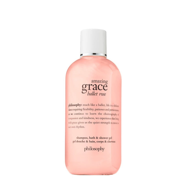 Philosophy Amazing Grace Ballet Rose shower gel bottle with pink translucent liquid and white cap