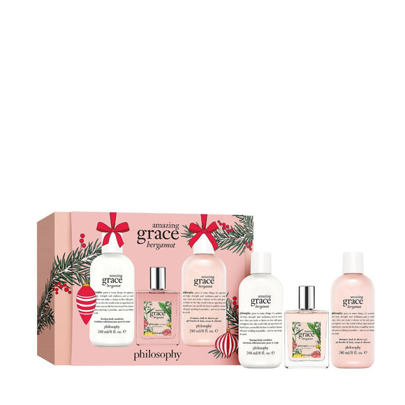 Philosophy Amazing Grace Bergamot gift set with pink and white bottles and decorative holiday box