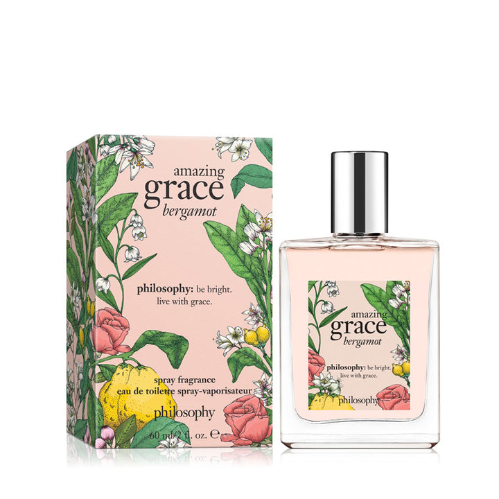 Philosophy Amazing Grace Bergamot perfume bottle and floral packaging with citrus and rose design