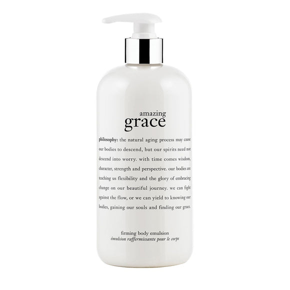 Philosophy Amazing Grace body lotion in a white pump bottle with inspirational text on the label