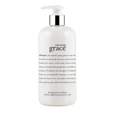 Philosophy Amazing Grace body lotion in a white pump bottle with inspirational text on the label
