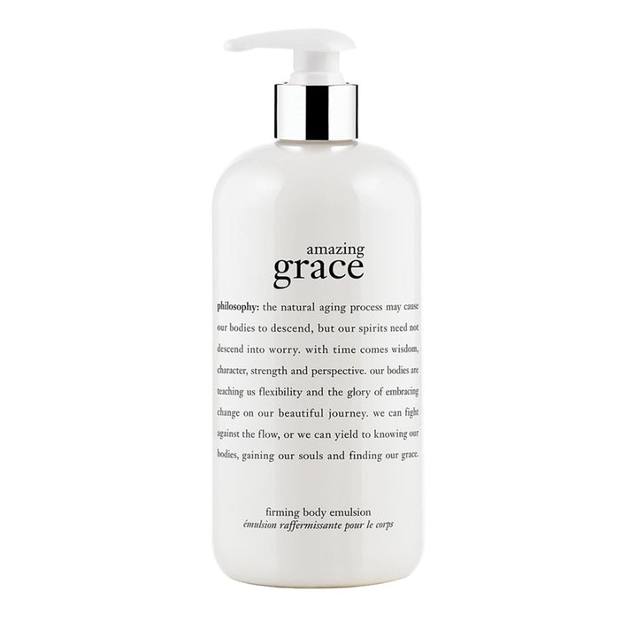 Philosophy Amazing Grace body lotion in a white pump bottle with inspirational text on the label