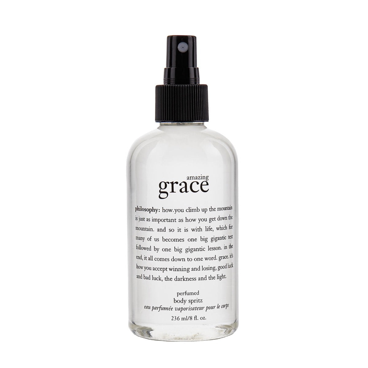 Philosophy Amazing Grace body mist in clear spray bottle with black cap for refreshing scent