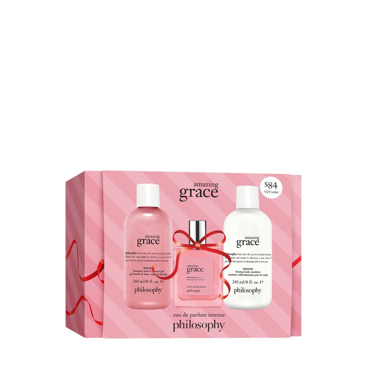 Philosophy Amazing Grace gift set with eau de parfum intense, body lotion, and shower gel in pink packaging