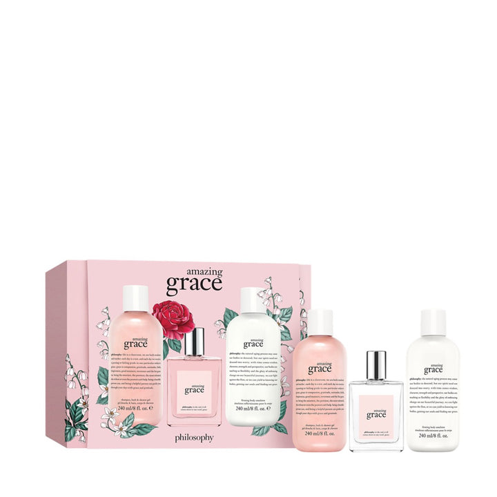 Philosophy Amazing Grace gift set with shower gel, body lotion, and eau de toilette in pink floral packaging
