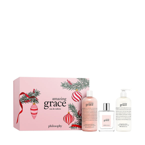 Philosophy Amazing Grace gift set with eau de toilette, lotion, and shower gel in festive packaging