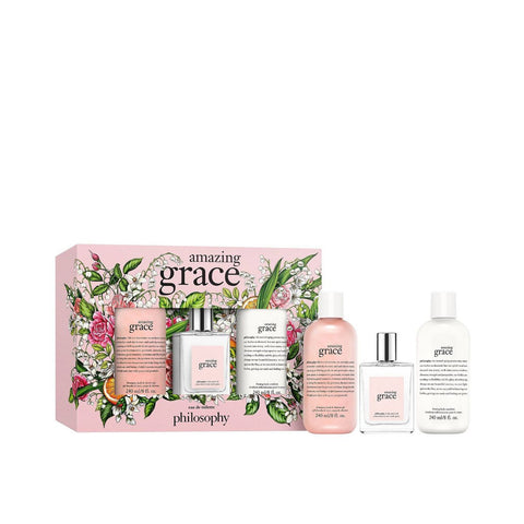 Philosophy Amazing Grace gift set with floral packaging includes body lotion shower gel and fragrance