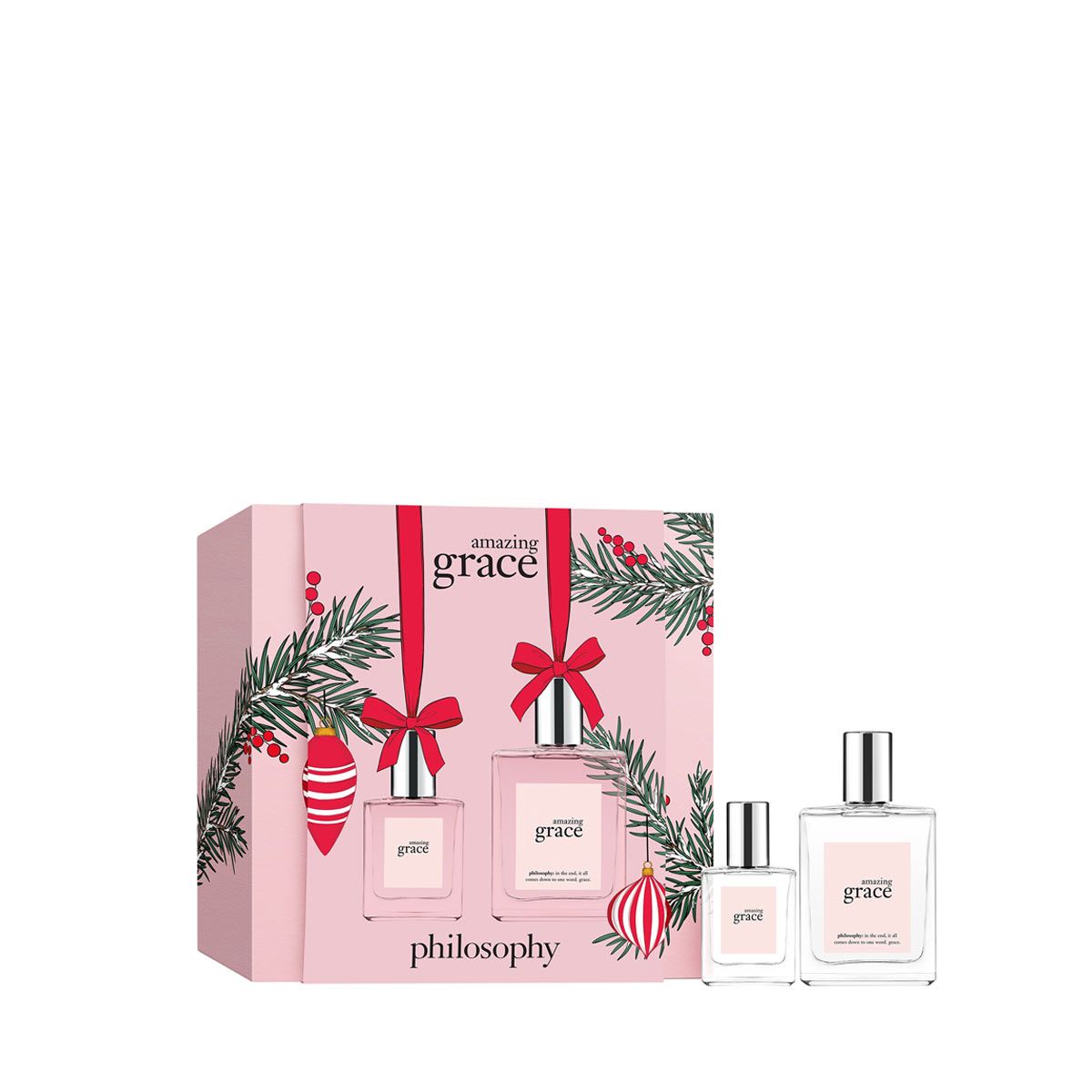 Philosophy amazing grace gift set with pink holiday-themed packaging and two fragrance bottles