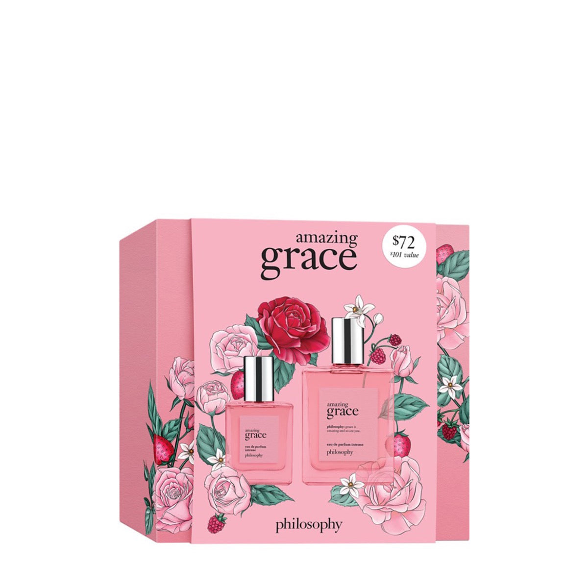 Philosophy Amazing Grace gift set with two pink floral fragrance bottles in decorative pink box