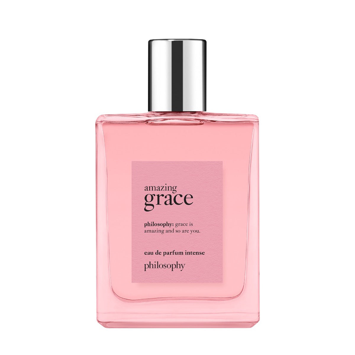 Philosophy Amazing Grace intense perfume in a pink rectangular glass bottle with silver cap