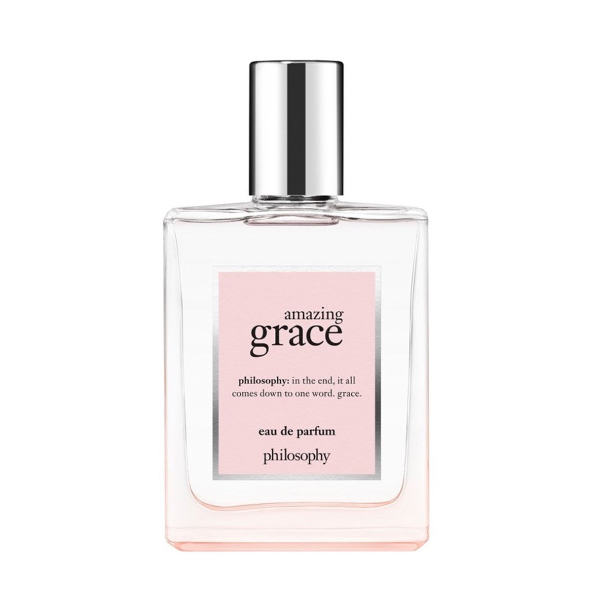 Philosophy Amazing Grace perfume in a clear rectangular bottle with silver cap and pink label