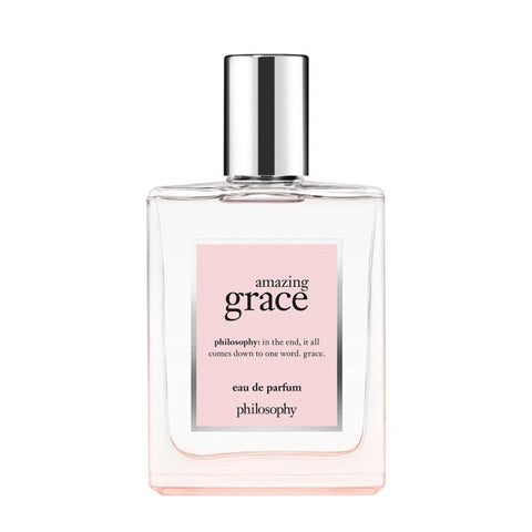 Philosophy Amazing Grace perfume in a clear rectangular bottle with silver cap and pink label