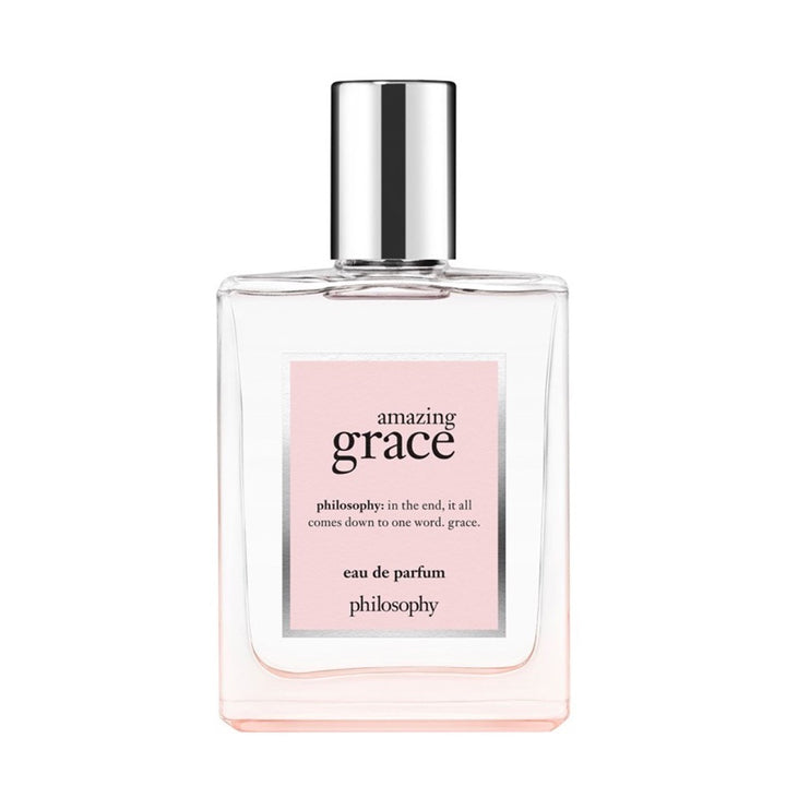 Philosophy Amazing Grace perfume in a clear rectangular bottle with silver cap and pink label