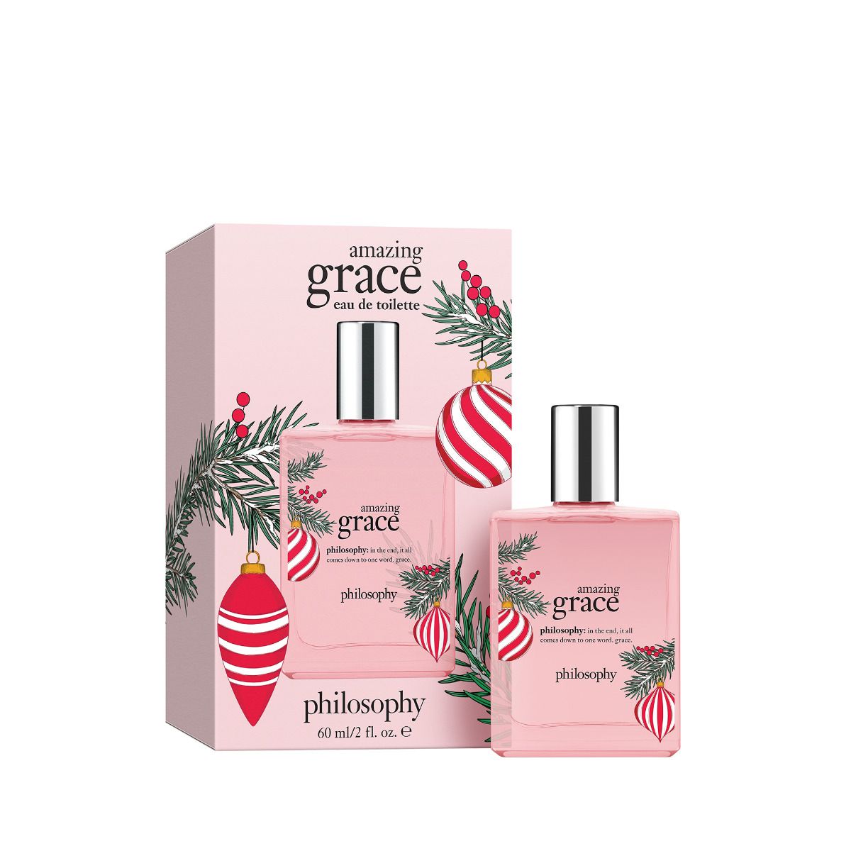 Philosophy Amazing Grace perfume 60ml with festive holiday-themed pink packaging and silver cap