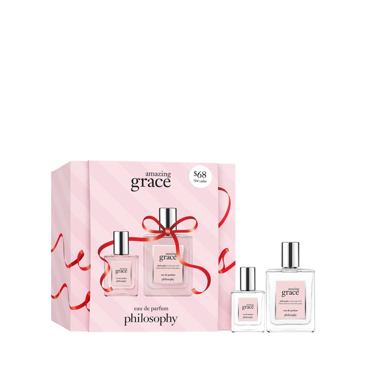 Philosophy Amazing Grace perfume set with two pink eau de parfum bottles and decorative packaging